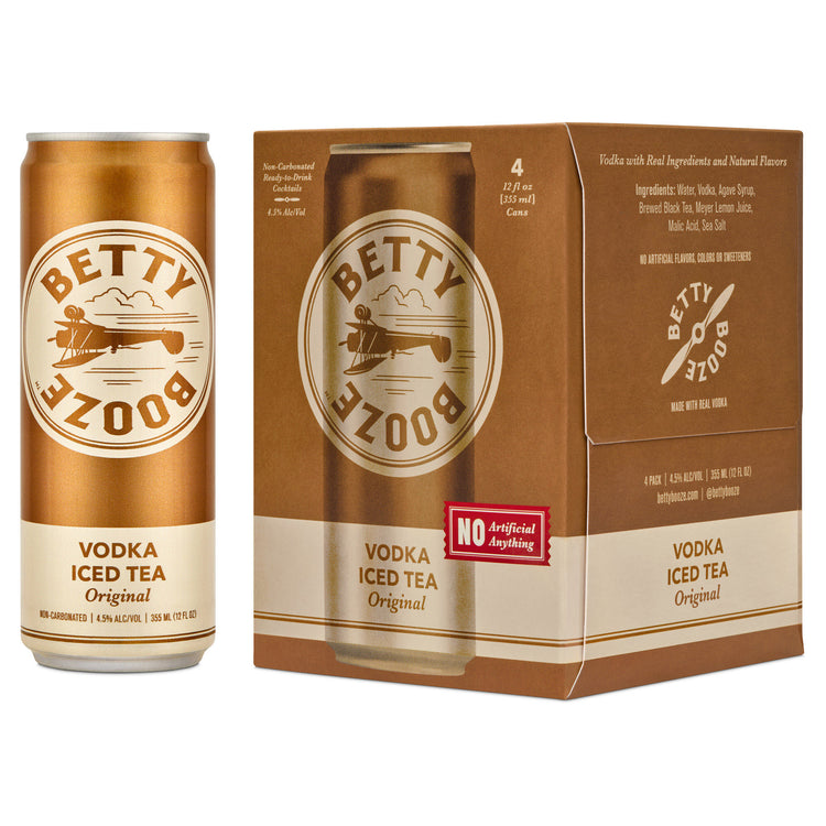 Can and packaging of Betty Boozes Vodka Iced Tea on a white background