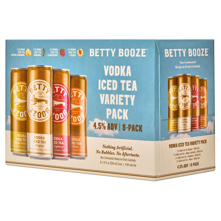 Box of Betty Booze Vodka Iced Tea Variety Pack on a white background