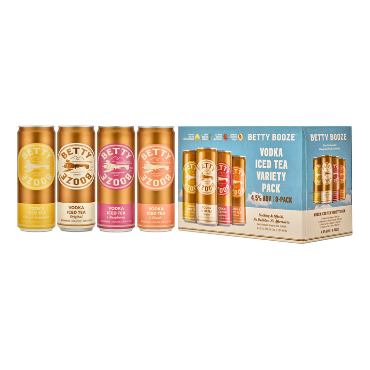 Set of Betty Boozle Vodka Iced Tea cans and packaging on a white background