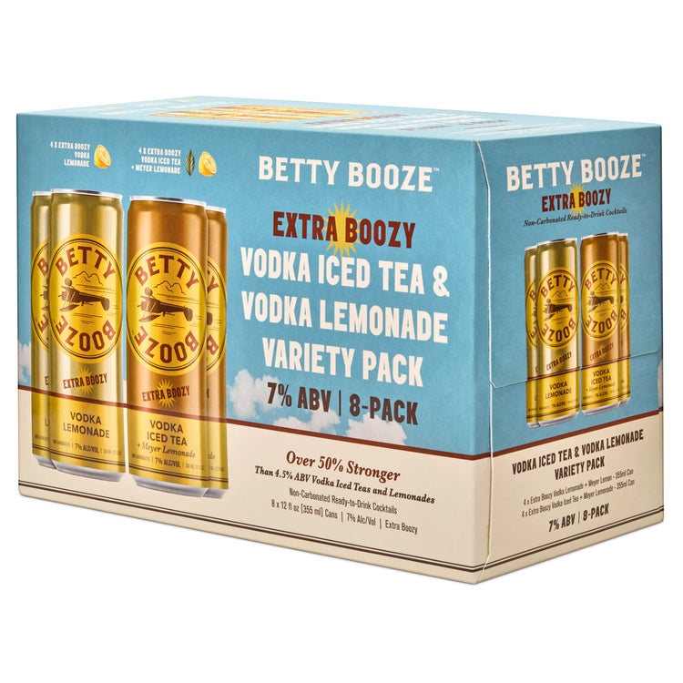 Box of Betty Booze Extra Boozy Vodka Iced Tea and Vodka Lemonade variety pack on a white background
