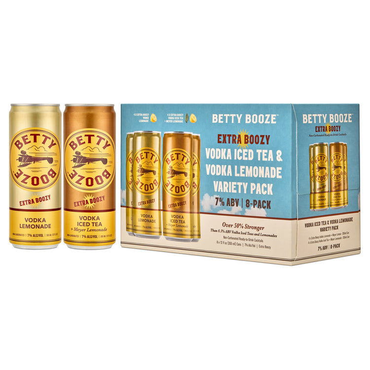 Two cans of Betty Booze Vodka Lemonade and a box of Betty Booze Extra Boozy Variety Pack on a white background.