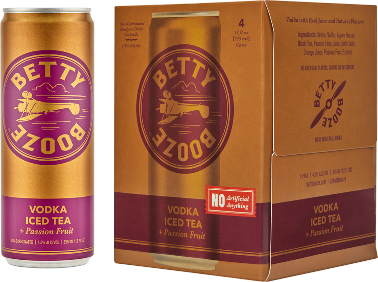 Betty Booze Vodka Iced Team + Passion Fruit Can next to the case