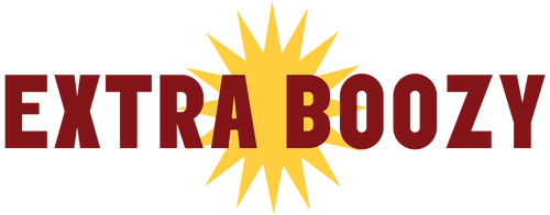 Logo with 'Extra Boozy' text and a yellow sunburst design on a white background